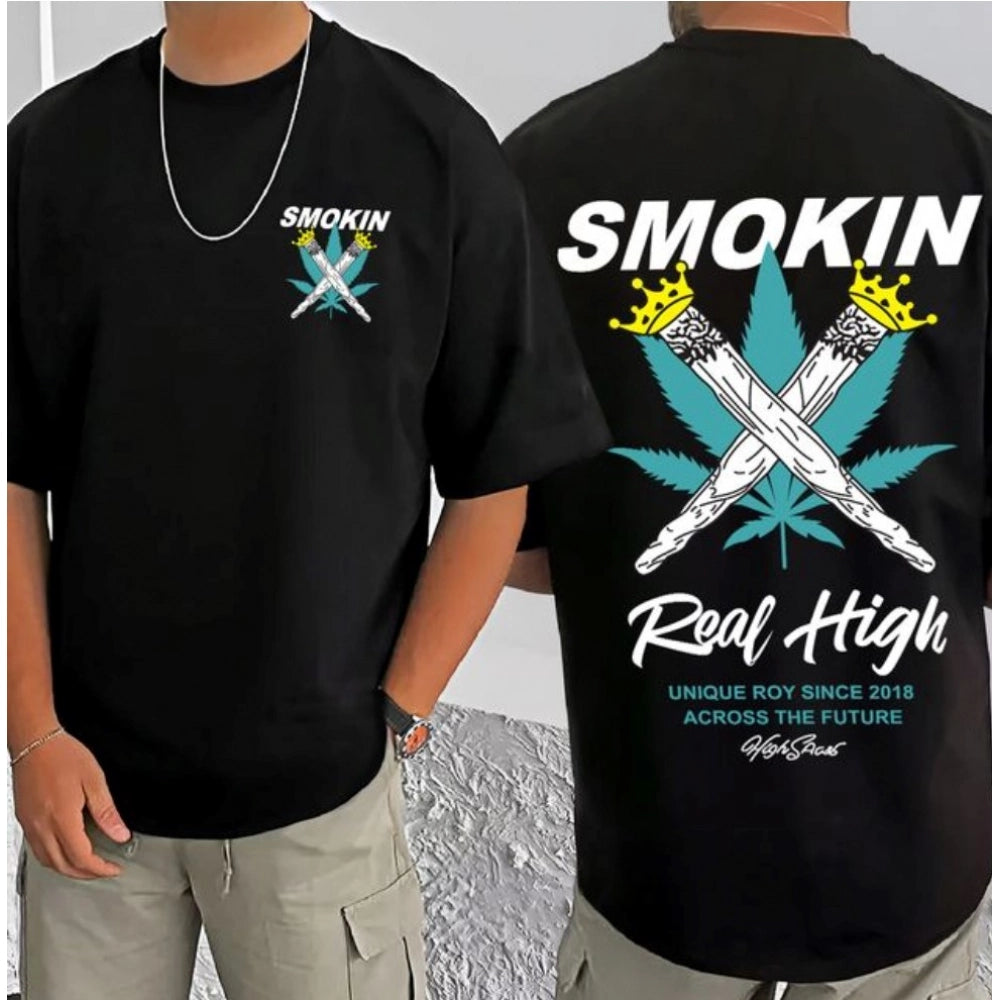 Men's Casual Cotton Blend Printed Round Neck Half Sleeve — Black · 29_L