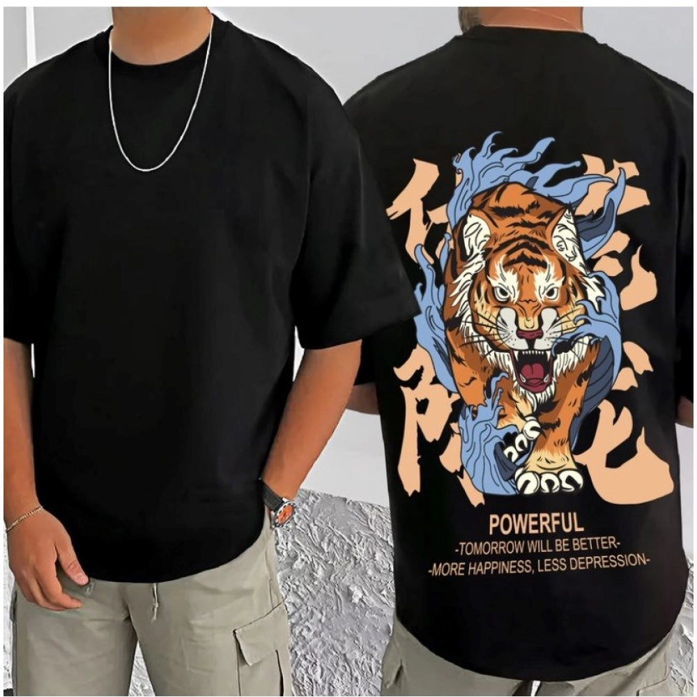 Men's Casual Cotton Blend Printed Round Neck Half Sleeve — Black · 20_L