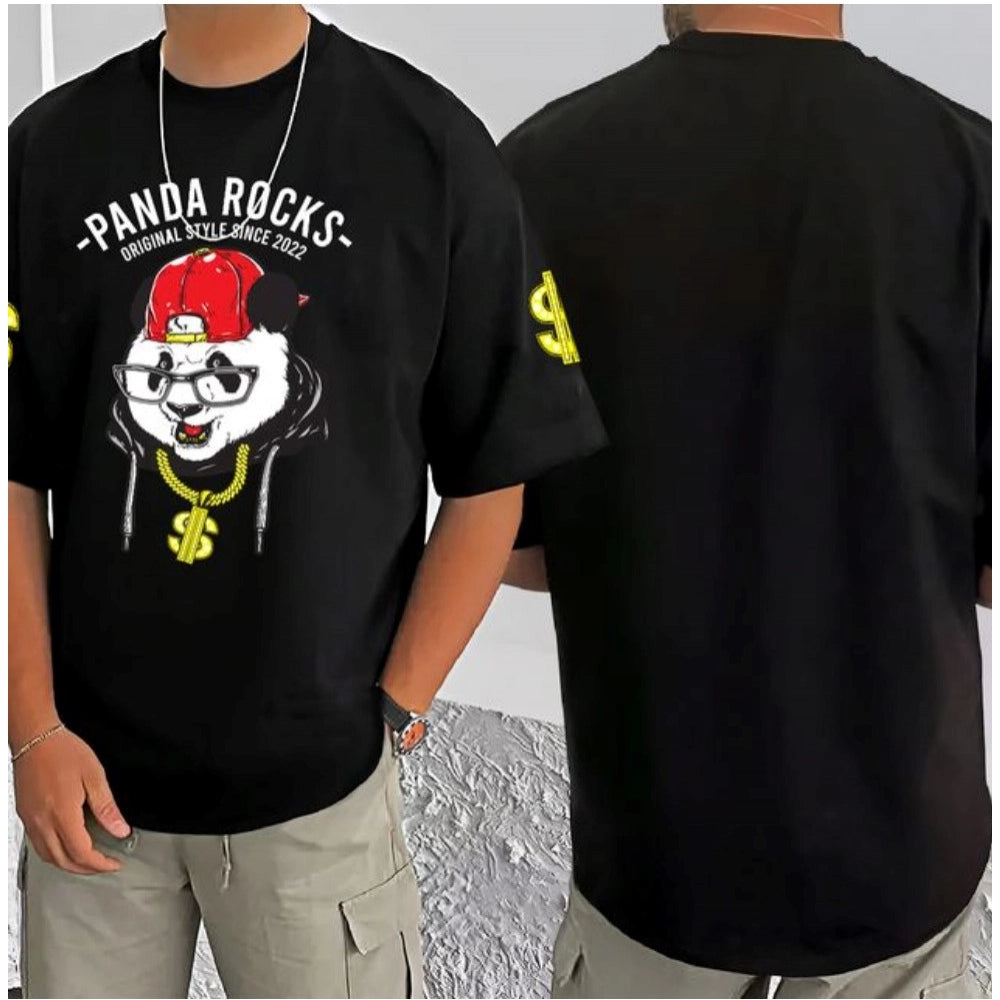 Men's Casual Cotton Blend Printed Round Neck Half Sleeve — Black · 19_L