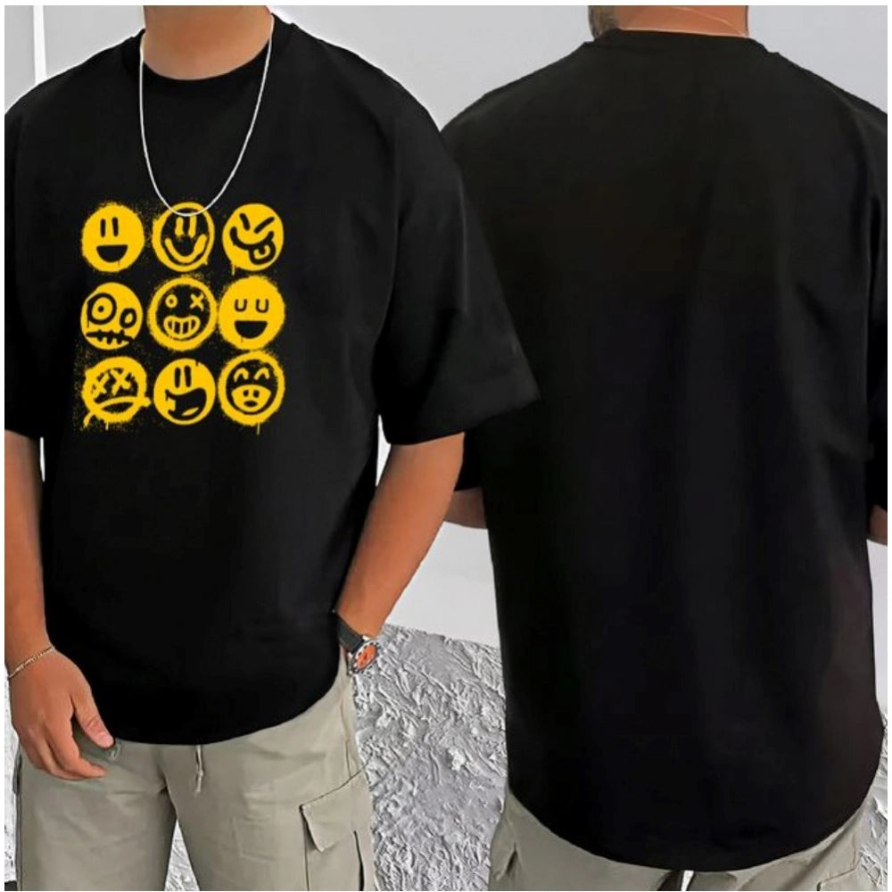 Men's Casual Cotton Blend Printed Round Neck Half Sleeve — Black · 94_L