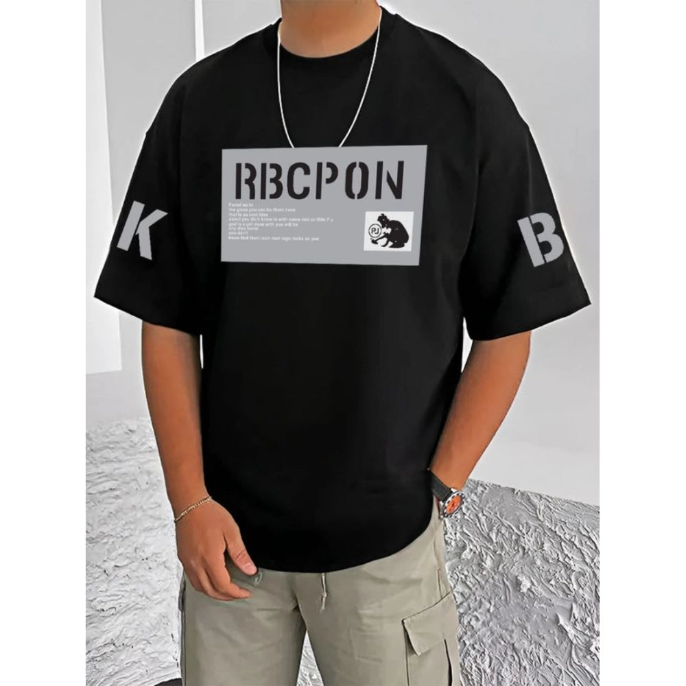 Men's Casual Cotton Blend Printed Round Neck Half Sleeve — Black · 80_L