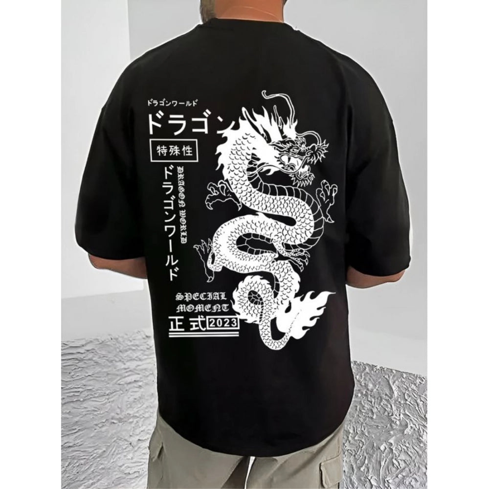 Men's Casual Cotton Blend Printed Round Neck Half Sleeve — Black · 63_L