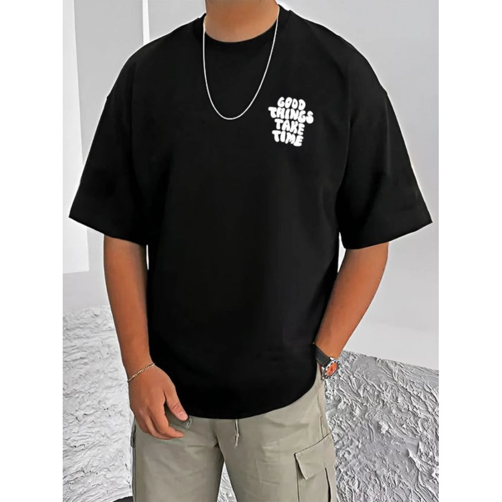 Men's Casual Cotton Blend Printed Round Neck Half Sleeve — Black · 62_L