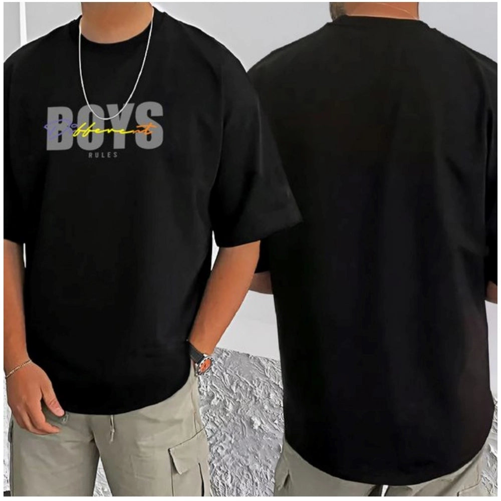 Men's Casual Cotton Blend Printed Round Neck Half Sleeve — Black · 90_L