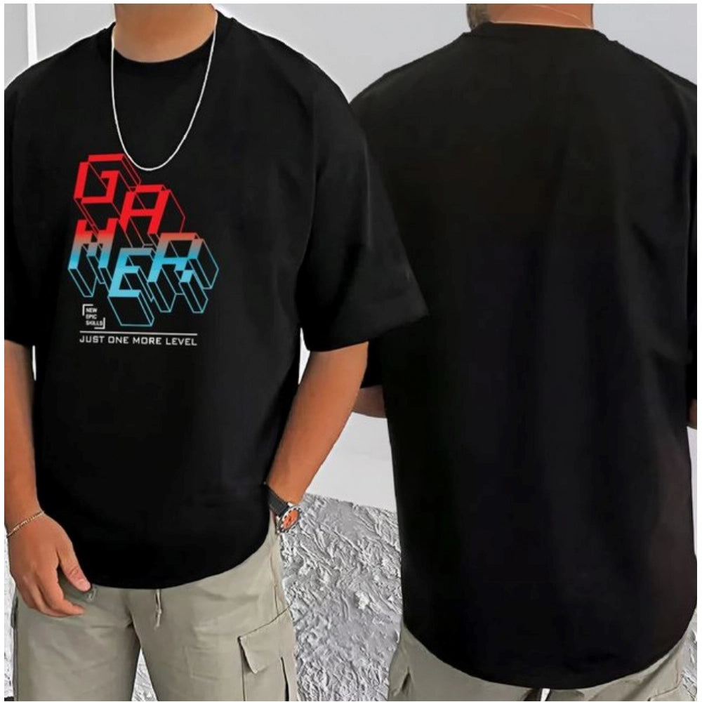 Men's Casual Cotton Blend Printed Round Neck Half Sleeve — Black · 88_L