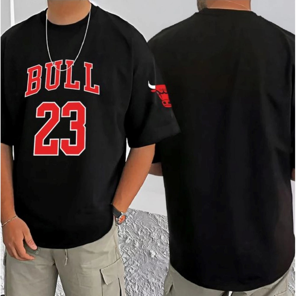 Men's Casual Cotton Blend Printed Round Neck Half Sleeve — Black · 79_L