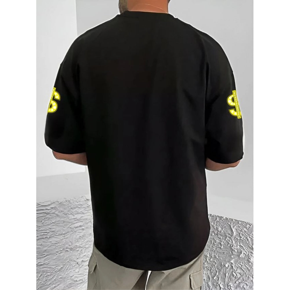 Men's Casual Cotton Blend Printed Round Neck Half Sleeve — Black · 19_L
