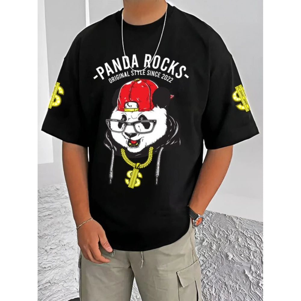 Men's Casual Cotton Blend Printed Round Neck Half Sleeve — Black · 19_L