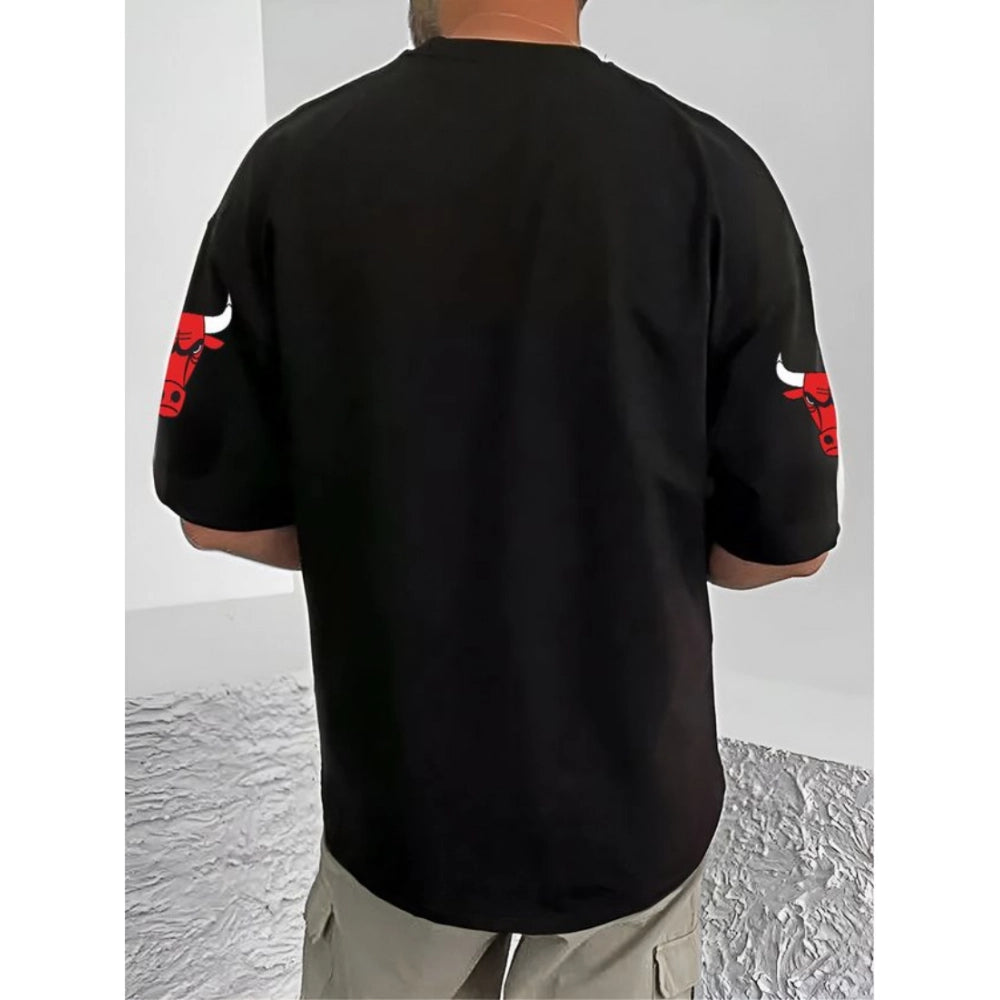 Men's Casual Cotton Blend Printed Round Neck Half Sleeve — Black · 79_L