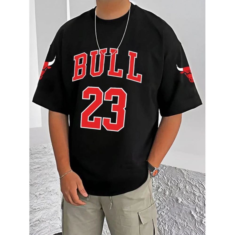 Men's Casual Cotton Blend Printed Round Neck Half Sleeve — Black · 79_L