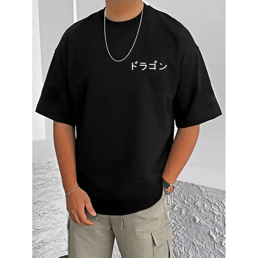 Men's Casual Cotton Blend Printed Round Neck Half Sleeve — Black · 63_L