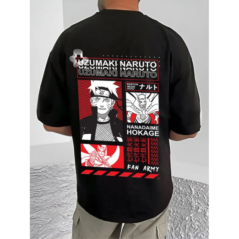 Men's Casual Cotton Blend Printed Round Neck Half Sleeve — Black · 51_L