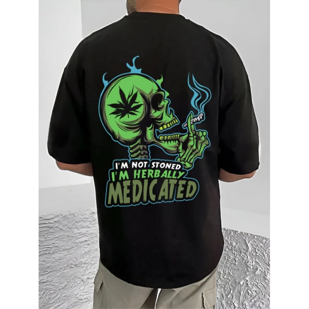 Men's Casual Cotton Blend Printed Round Neck Half Sleeve — Black · 44_L
