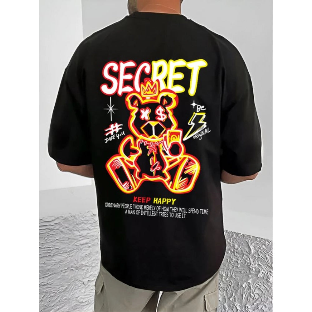 Men's Casual Cotton Blend Printed Round Neck Half Sleeve — Black · 26_L