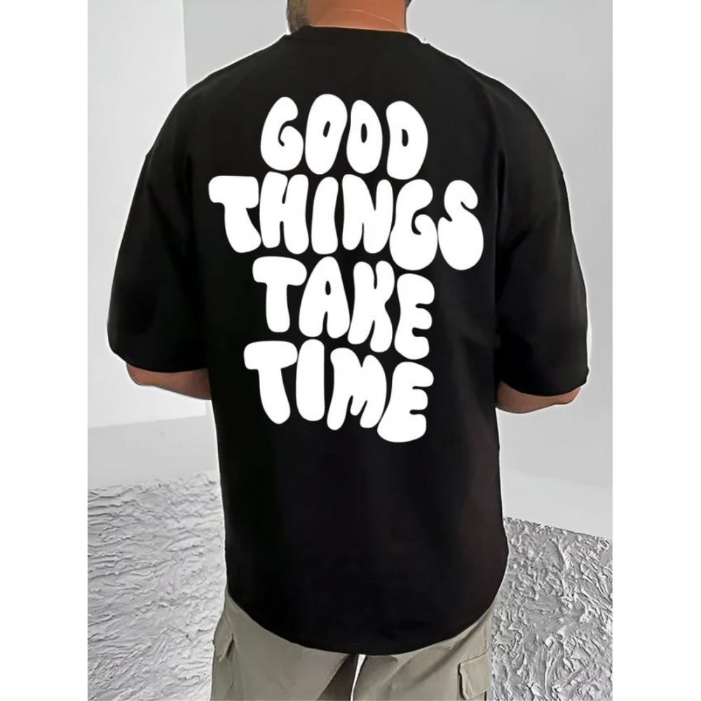 Men's Casual Cotton Blend Printed Round Neck Half Sleeve — Black · 62_L
