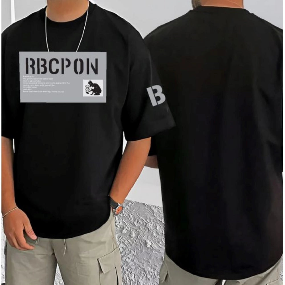 Men's Casual Cotton Blend Printed Round Neck Half Sleeve — Black · 80_L