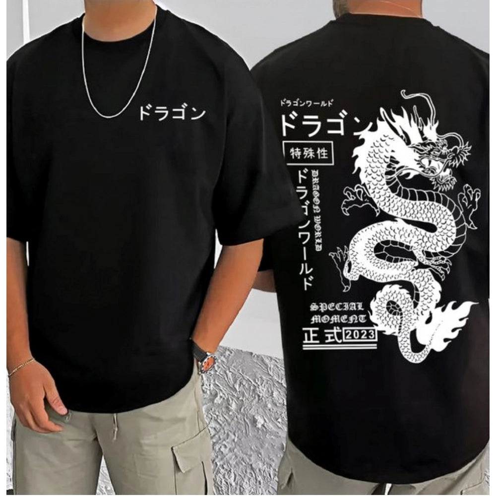 Men's Casual Cotton Blend Printed Round Neck Half Sleeve — Black · 63_L