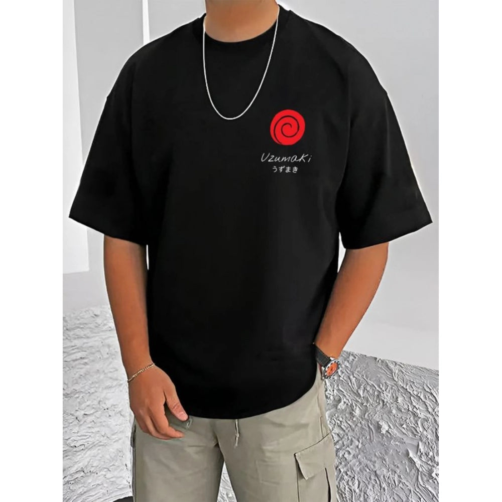 Men's Casual Cotton Blend Printed Round Neck Half Sleeve — Black · 51_L