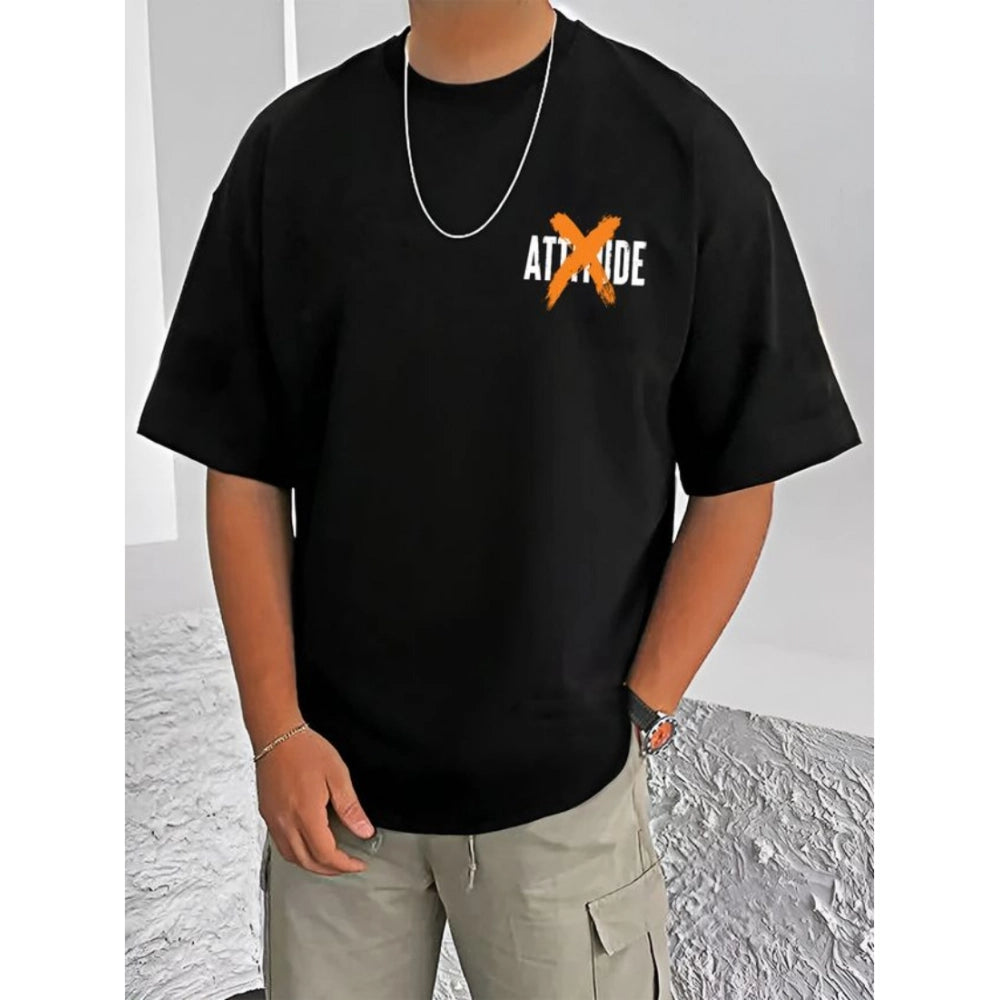 Men's Casual Cotton Blend Printed Round Neck Half Sleeve — Black · 16_L