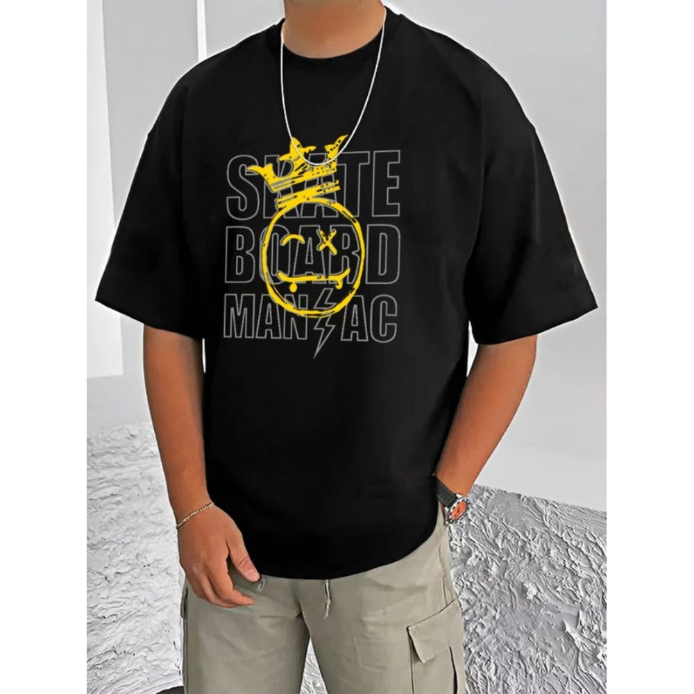 Men's Casual Cotton Blend Printed Round Neck Half Sleeve — Black · 93_L