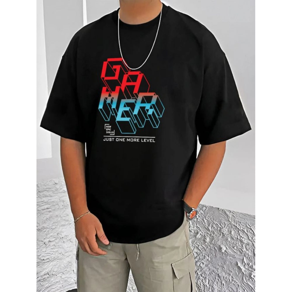 Men's Casual Cotton Blend Printed Round Neck Half Sleeve — Black · 88_L