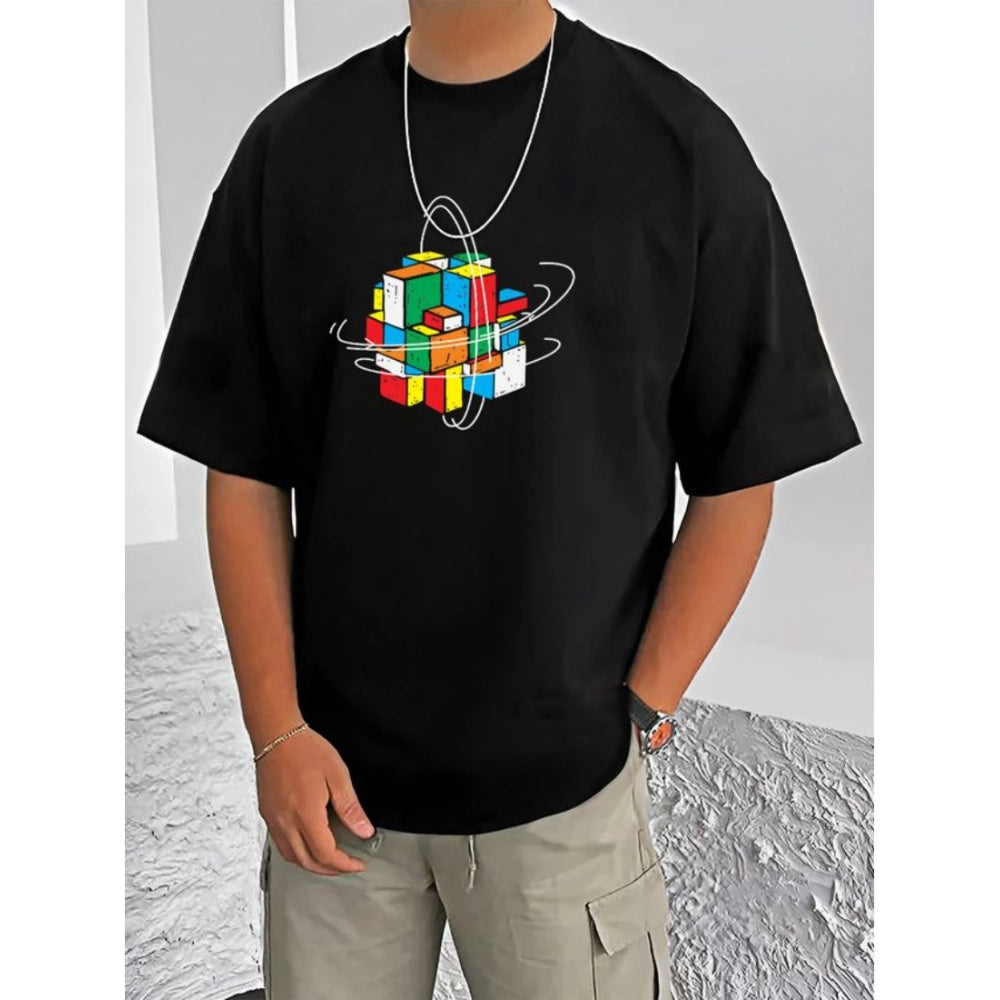 Men's Casual Cotton Blend Printed Round Neck Half Sleeve — Black · 85_L