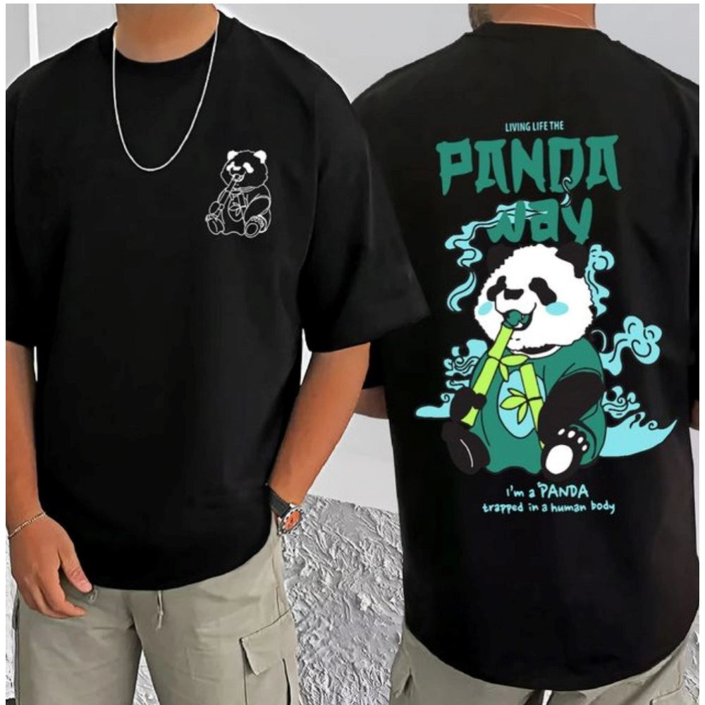 Men's Casual Cotton Blend Printed Round Neck Half Sleeve — Black · 32_L