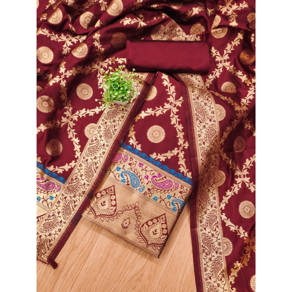 Women's Banarasi Silk Printed Unstitched Salwar Suit Material — Maroon · Mron