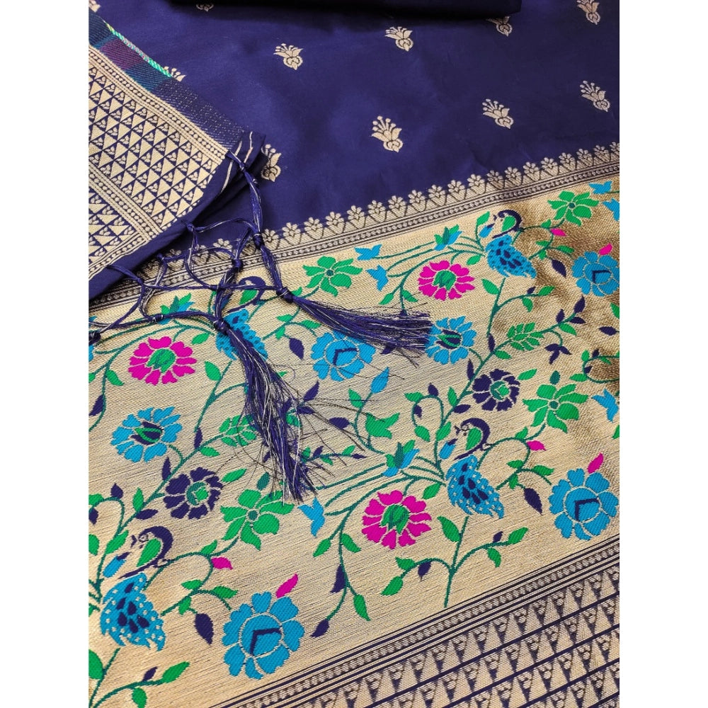 Women's Banarasi Silk Printed Unstitched Salwar Suit Material — Navy Blue · Nble