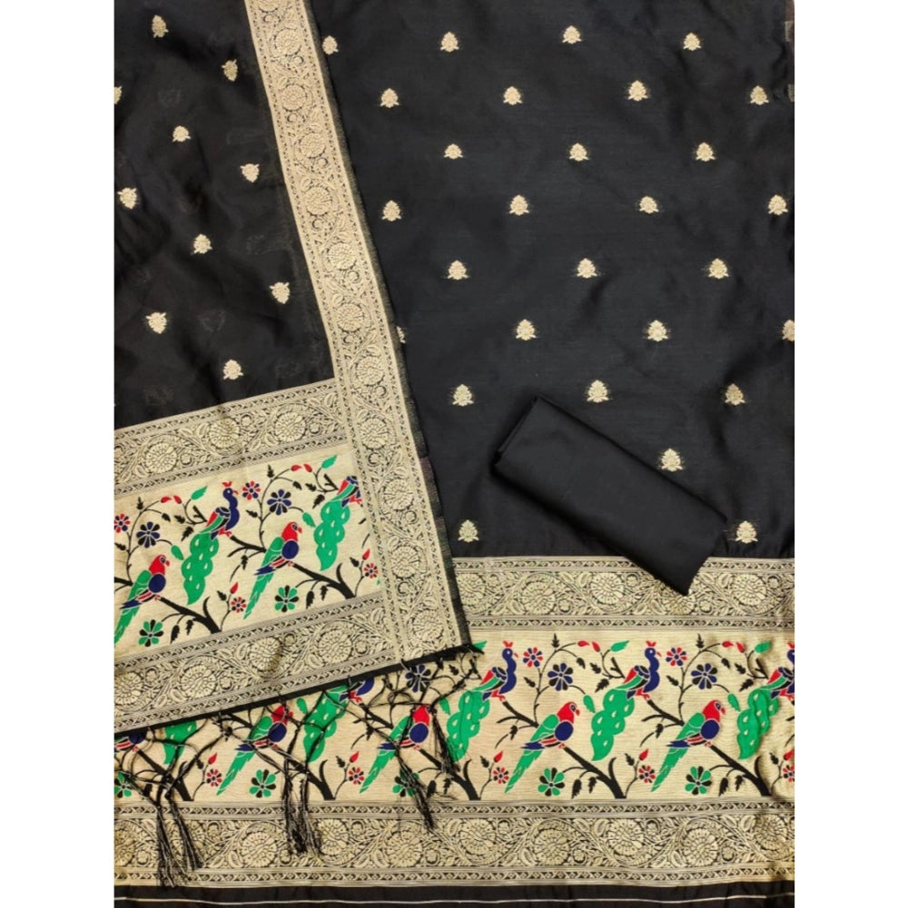 Women's Banarasi Silk Printed Unstitched Salwar Suit Material — Black · _Blk