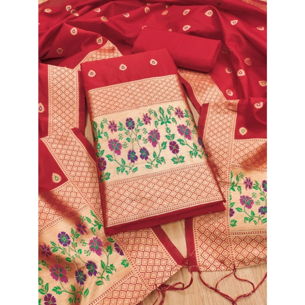 Women's Banarasi Silk Printed Unstitched Salwar Suit Material — Red · 5_Rd