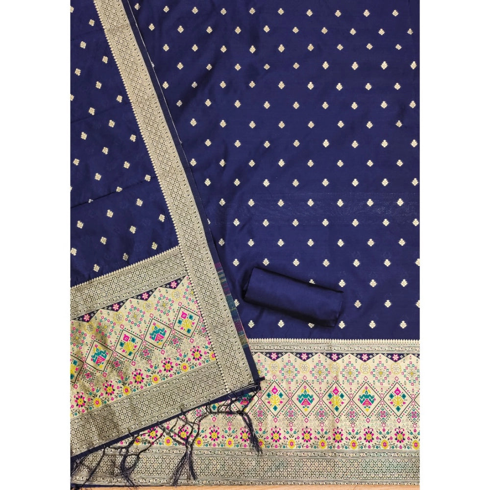 Women's Banarasi Silk Printed Unstitched Salwar Suit Material — Navy Blue · Nble