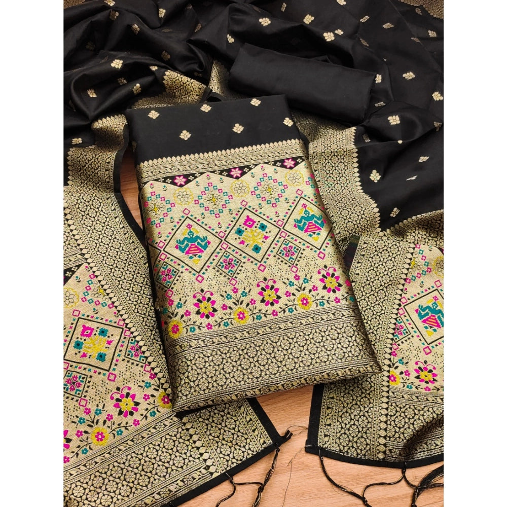 Women's Banarasi Silk Printed Unstitched Salwar Suit Material — Black · _Blk