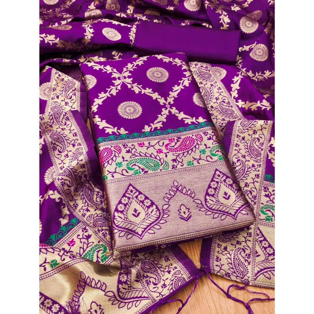 Women's Banarasi Silk Printed Unstitched Salwar Suit Material — Purple · Prle