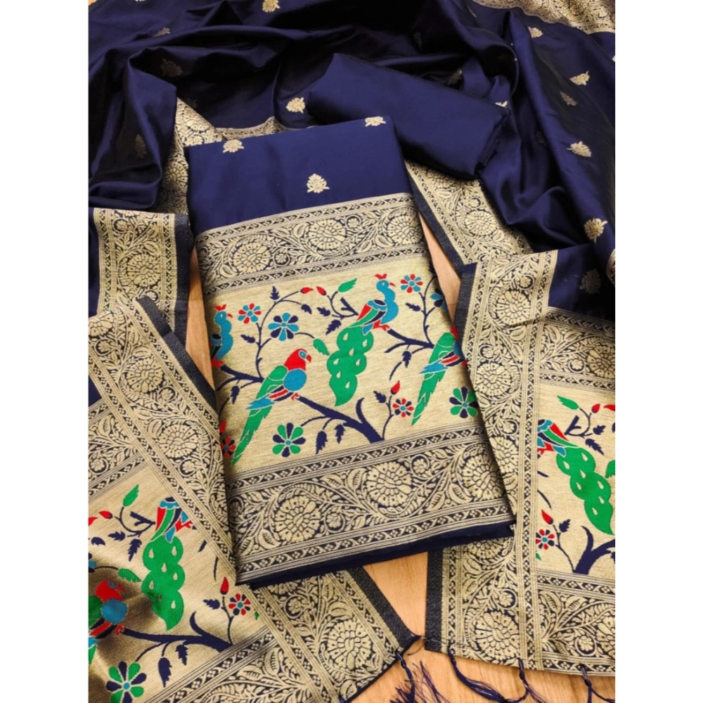 Women's Banarasi Silk Printed Unstitched Salwar Suit Material — Navy Blue · Nble