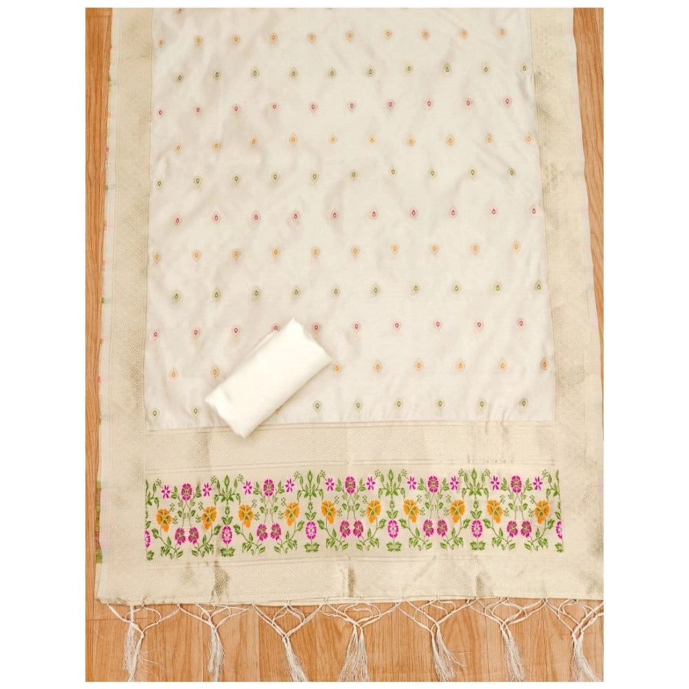 Women's Banarasi Silk Printed Unstitched Salwar Suit Material — White · _Wht
