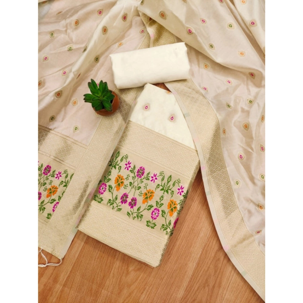 Women's Banarasi Silk Printed Unstitched Salwar Suit Material — White · _Wht