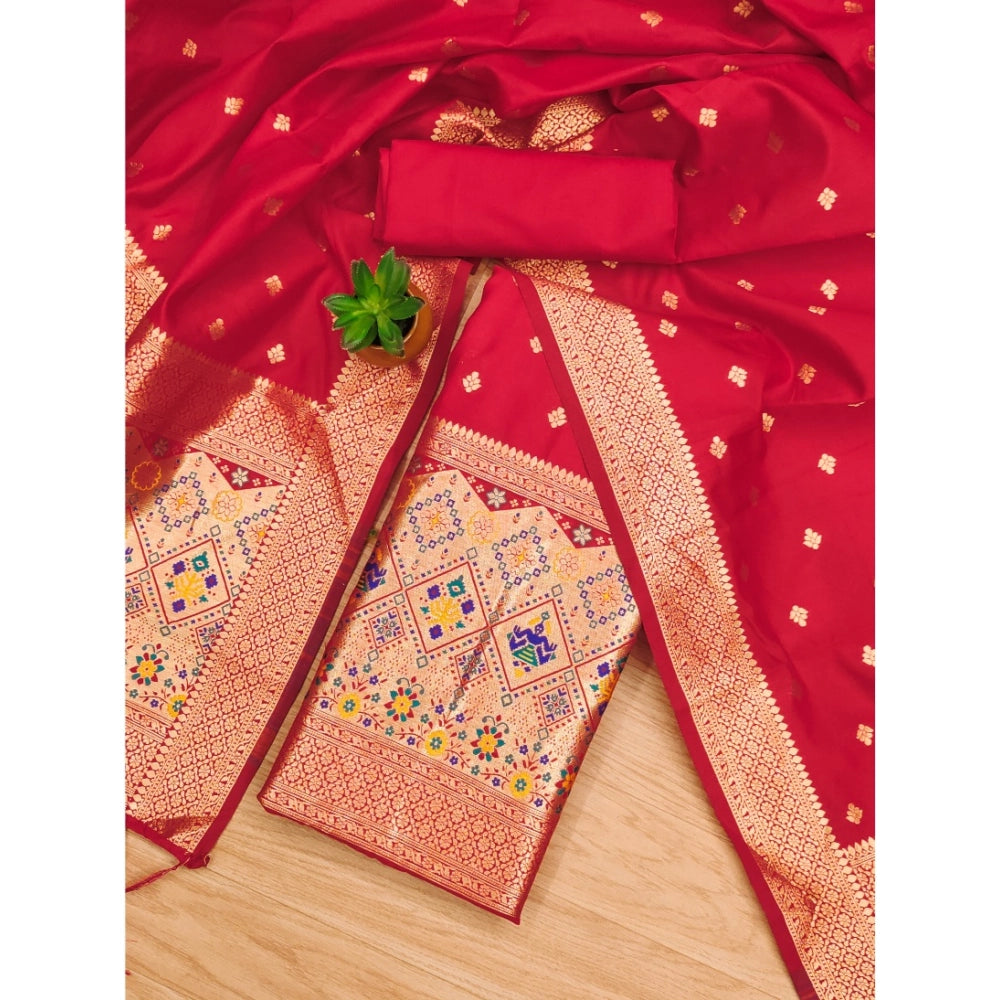 Women's Banarasi Silk Printed Unstitched Salwar Suit Material — Red · 4_Rd