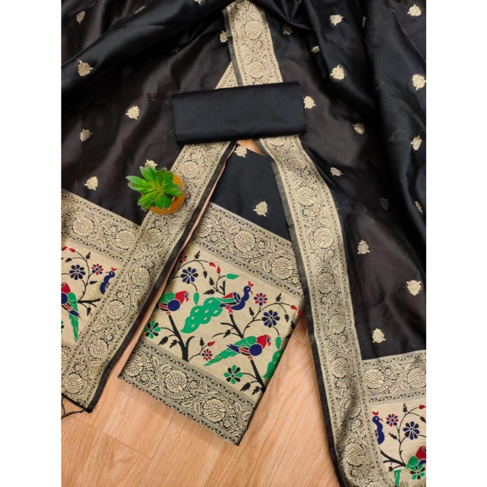 Women's Banarasi Silk Printed Unstitched Salwar Suit Material — Black · _Blk