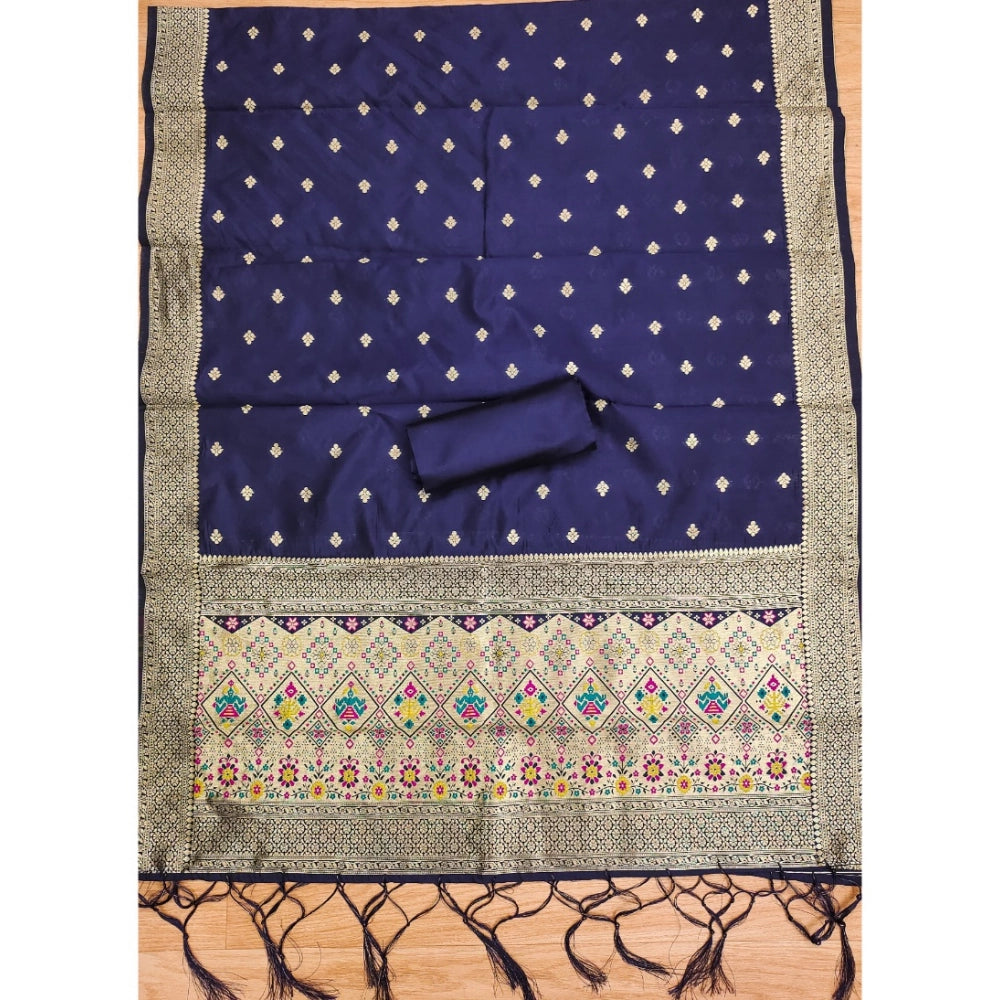 Women's Banarasi Silk Printed Unstitched Salwar Suit Material — Navy Blue · Nble