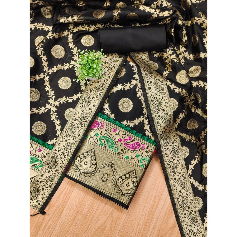 Women's Banarasi Silk Printed Unstitched Salwar Suit Material — Black · _Blk