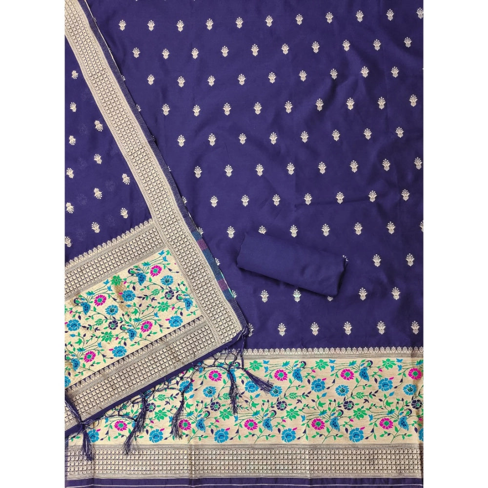 Women's Banarasi Silk Printed Unstitched Salwar Suit Material — Navy Blue · Nble