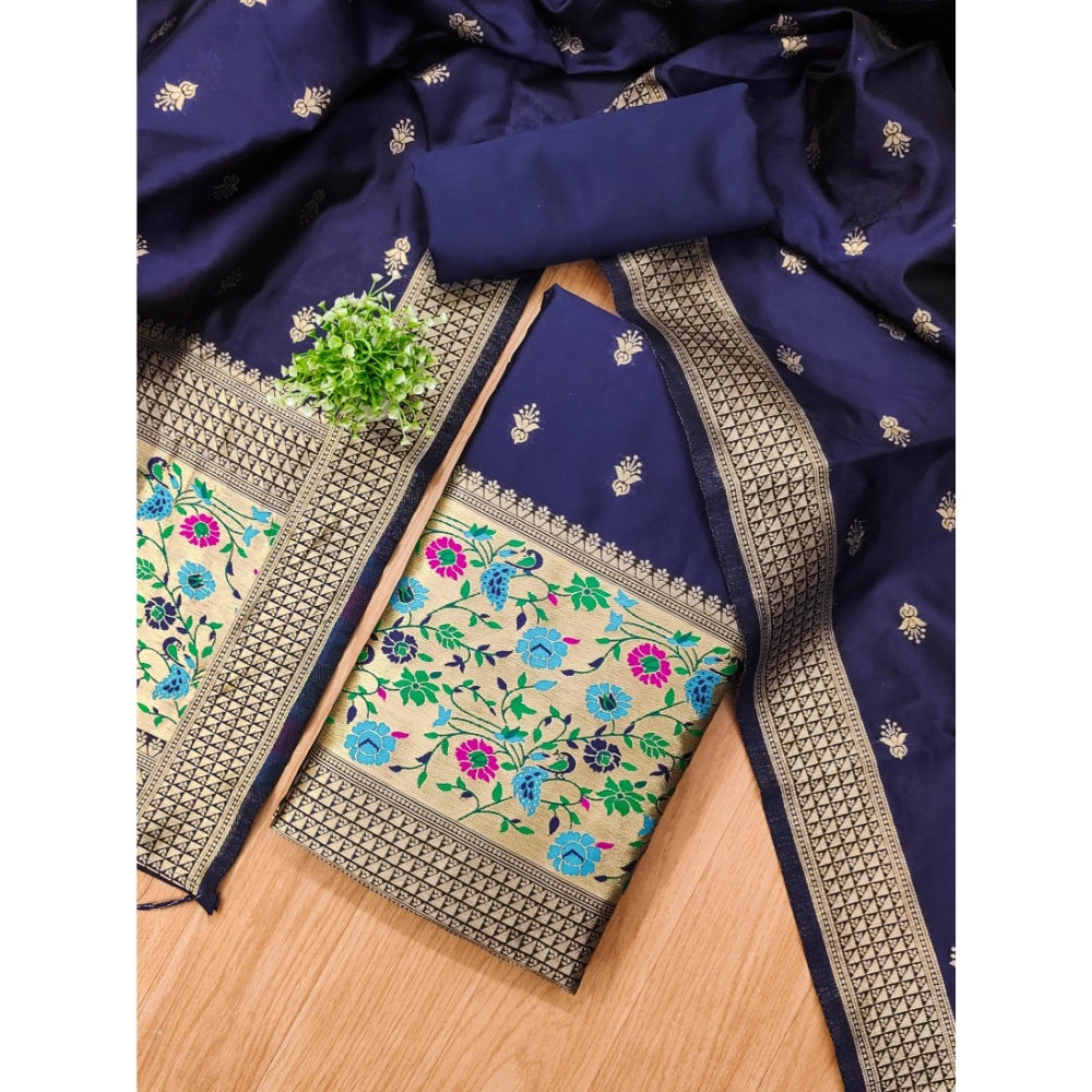 Women's Banarasi Silk Printed Unstitched Salwar Suit Material — Navy Blue · Nble