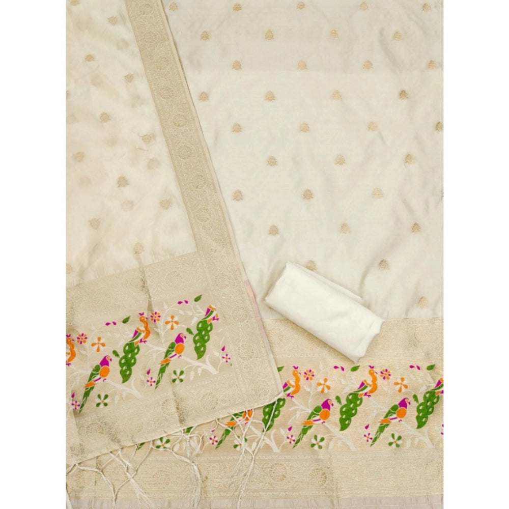Women's Banarasi Silk Printed Unstitched Salwar Suit Material — White · _Wht