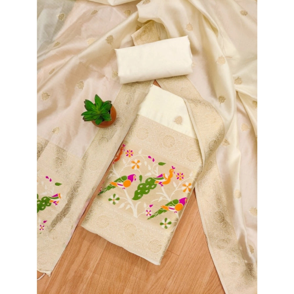 Women's Banarasi Silk Printed Unstitched Salwar Suit Material — White · _Wht