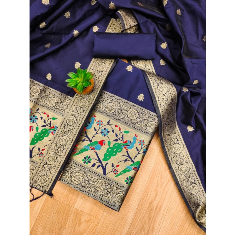 Women's Banarasi Silk Printed Unstitched Salwar Suit Material — Navy Blue · Nble