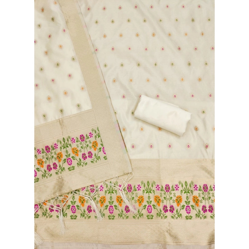 Women's Banarasi Silk Printed Unstitched Salwar Suit Material — White · _Wht