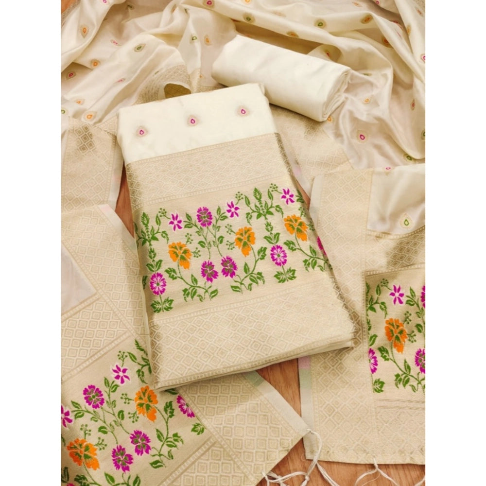 Women's Banarasi Silk Printed Unstitched Salwar Suit Material — White · _Wht