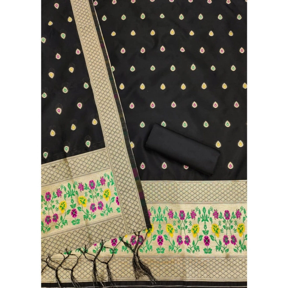 Women's Banarasi Silk Printed Unstitched Salwar Suit Material — Black · _Blk