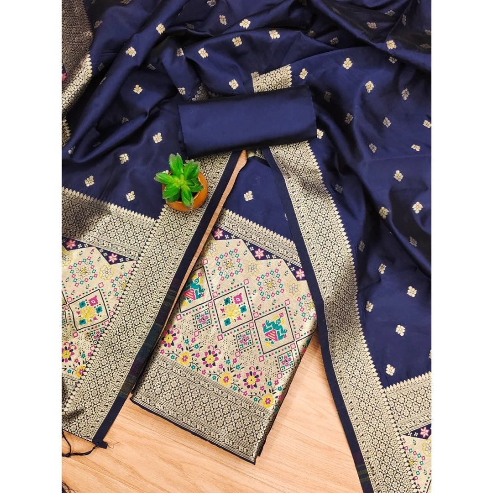 Women's Banarasi Silk Printed Unstitched Salwar Suit Material — Navy Blue · Nble